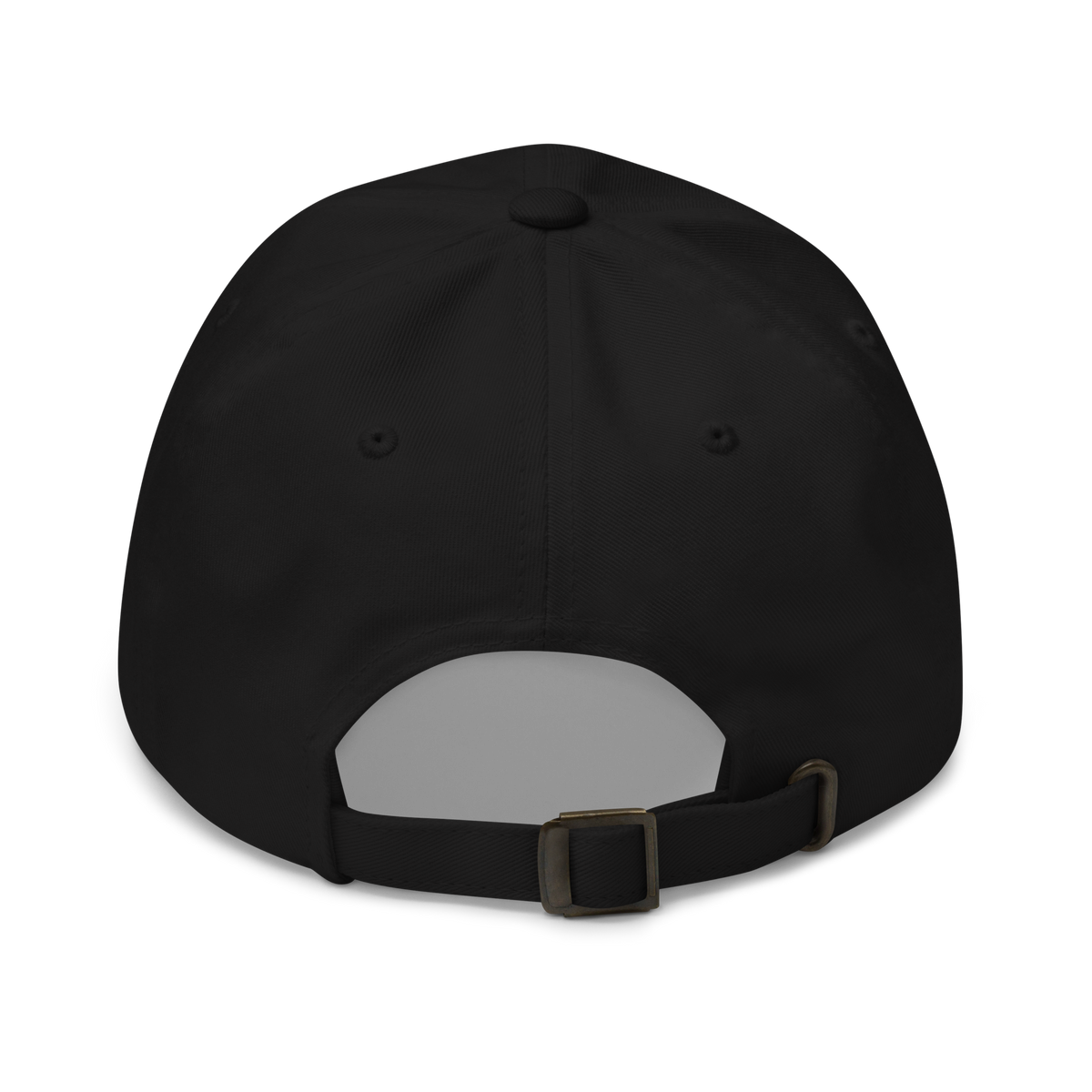Back view of metal buckle and adjustable strap on a black cotton twill baseball cap hat featuring embroidered orange brick separator design. Item is a BRKDrip AFOL Headgear Dad Hat with a modern town building blocks aesthetic.