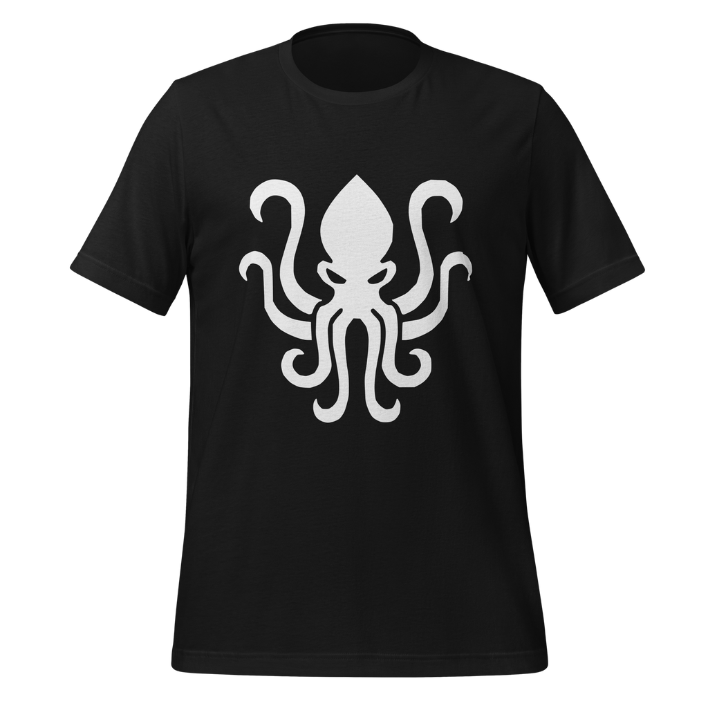 Black 100% airlume cotton t-shirt featuring kraken sea monster design. Item is a BRKDrip AFOL essentials shirt with a vintage castle building blocks aesthetic.