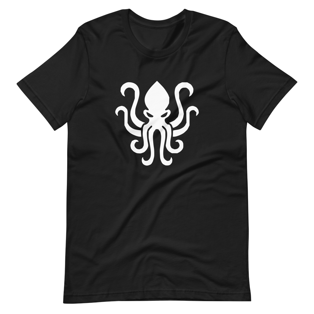 Wrinkled black 100% airlume cotton t-shirt featuring kraken sea monster design. Item is a BRKDrip AFOL essentials shirt with a vintage castle building blocks aesthetic.