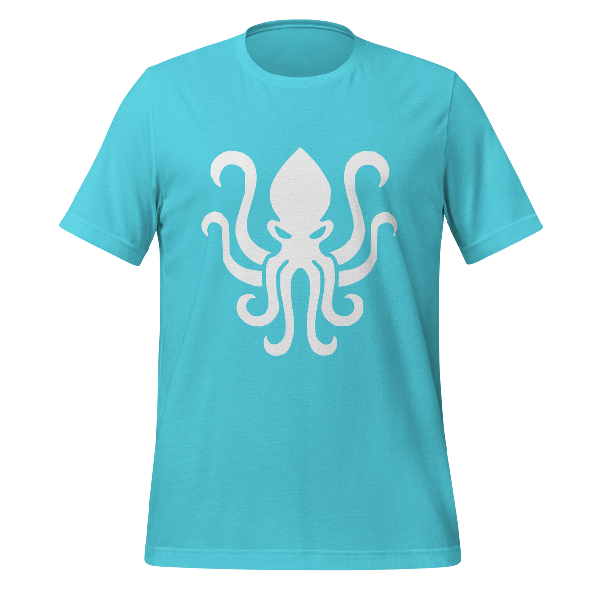 Turquoise 100% airlume cotton t-shirt featuring kraken sea monster design. Item is a BRKDrip AFOL essentials shirt with a vintage castle building blocks aesthetic.