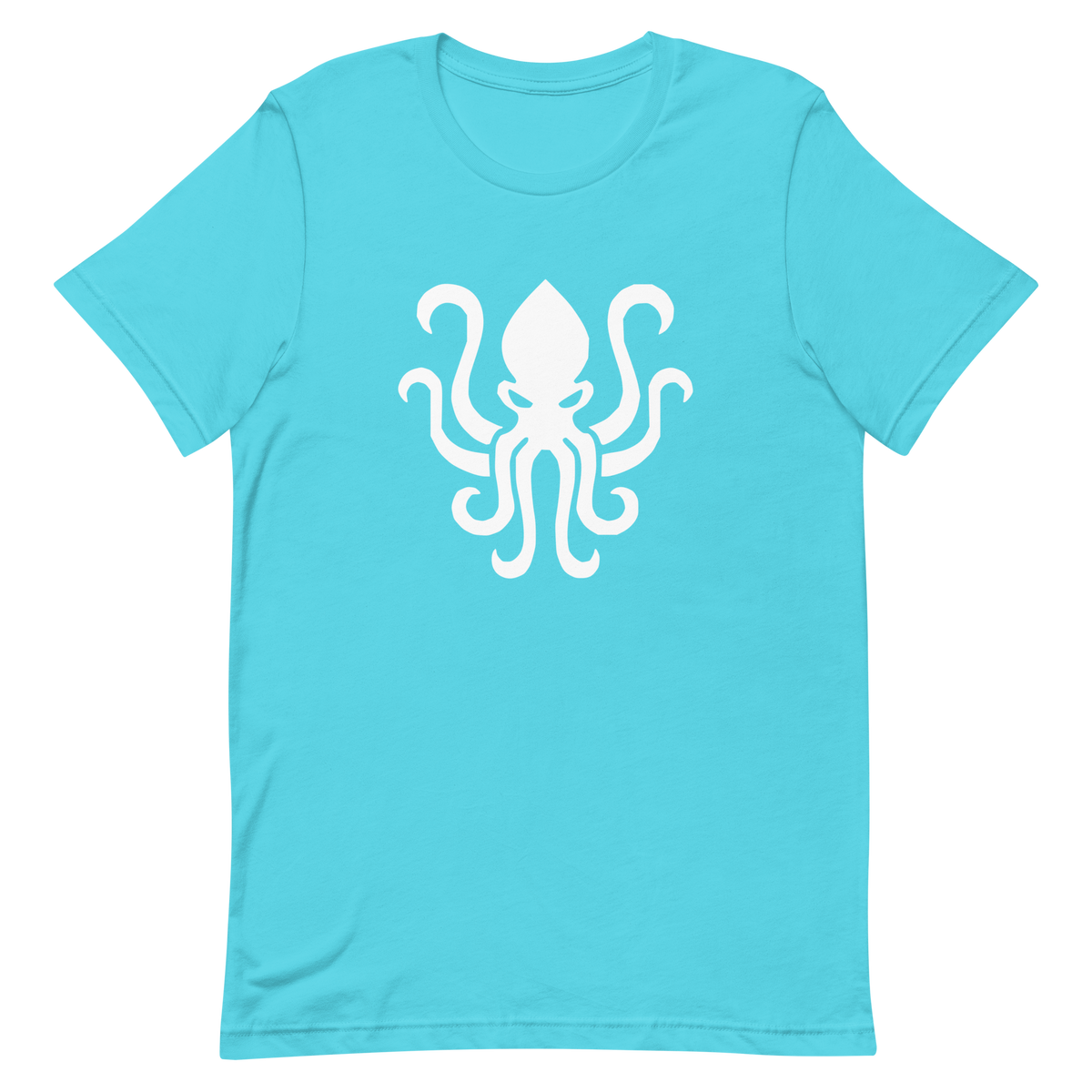 Wrinkled turquoise 100% airlume cotton t-shirt featuring kraken sea monster design. Item is a BRKDrip AFOL essentials shirt with a vintage castle building blocks aesthetic.