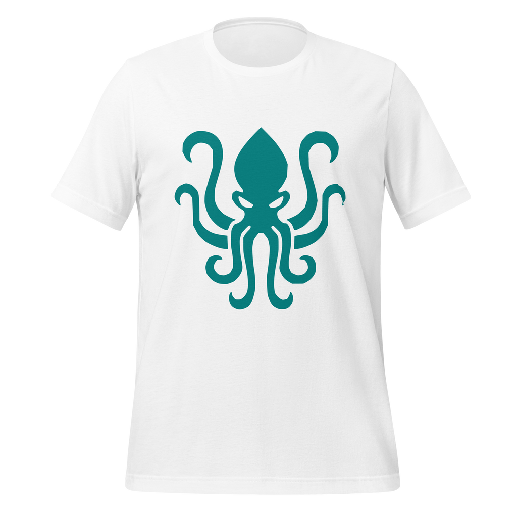 White 100% airlume cotton t-shirt featuring kraken sea monster design. Item is a BRKDrip AFOL essentials shirt with a vintage castle building blocks aesthetic.