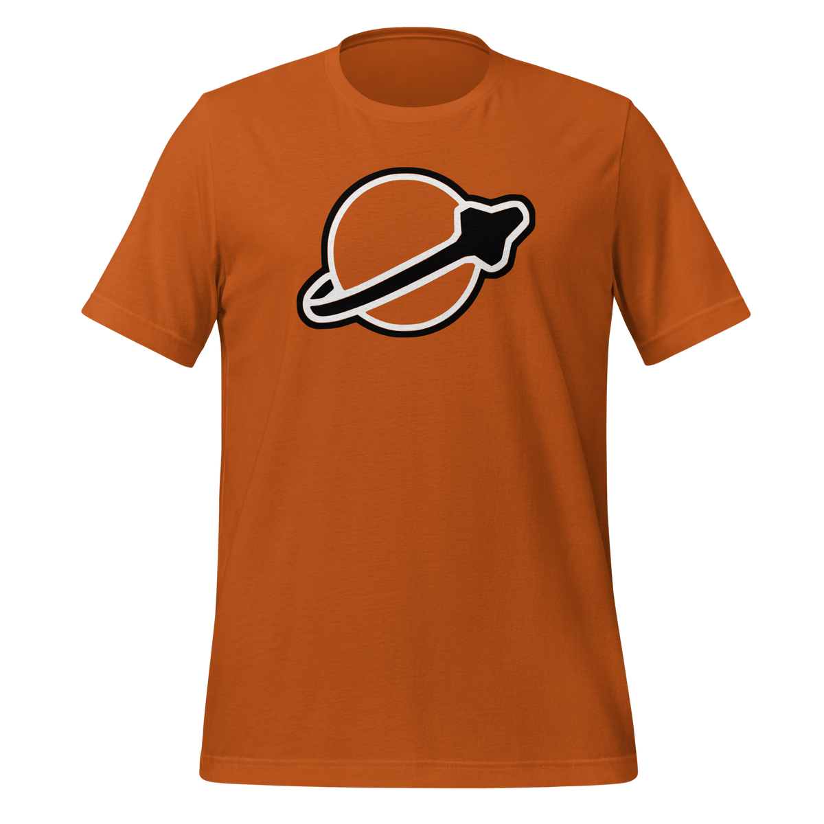 Autumn-colored 100% airlume cotton t-shirt featuring classic fan-made modern brick space logo design. Item is a BRKDrip AFOL essentials shirt with a vintage space building blocks aesthetic.