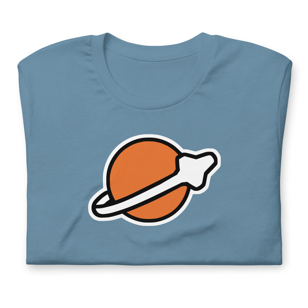 Folded steel blue 100% airlume cotton t-shirt featuring classic fan-made modern brick space logo design. Item is a BRKDrip AFOL essentials shirt with a vintage space building blocks aesthetic.
