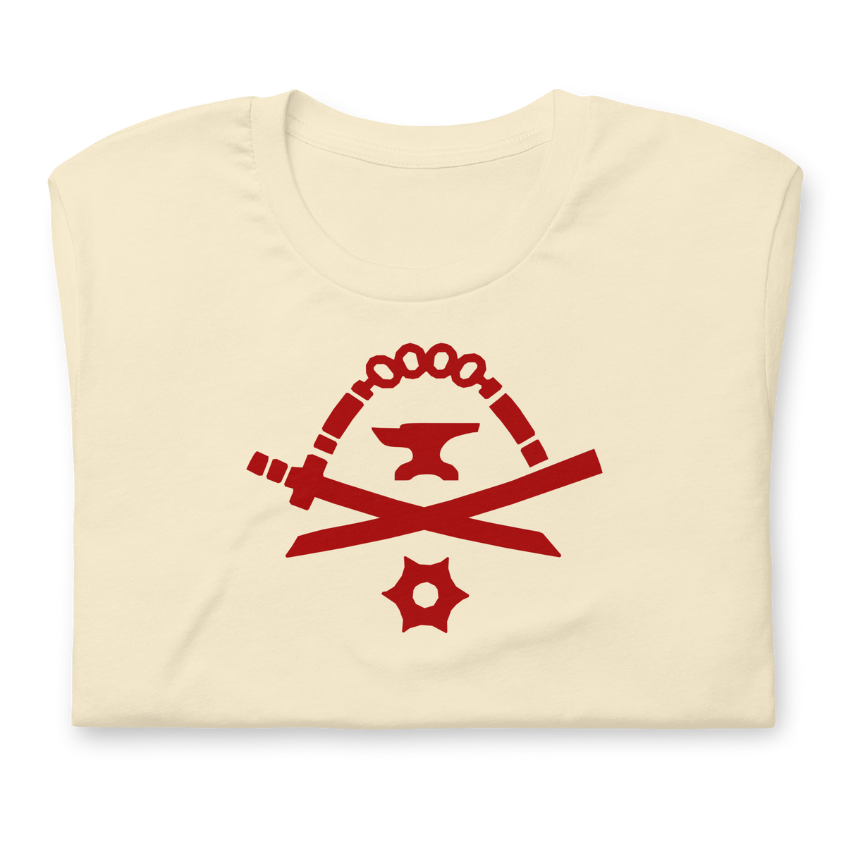 Folded natural-colored 100% airlume cotton t-shirt featuring classic fan-made red golden weapons ninja blacksmith shop logo design. Item is a BRKDrip AFOL essentials shirt with a modern elemental brick master aesthetic.