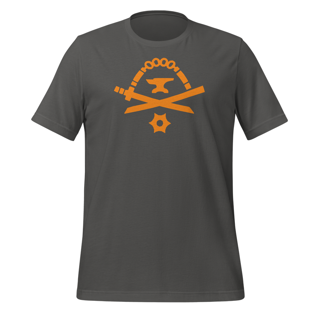Asphalt-colored 100% airlume cotton t-shirt featuring classic fan-made orange golden weapons ninja blacksmith shop logo design. Item is a BRKDrip AFOL essentials shirt with a modern elemental brick master aesthetic.