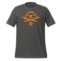 Asphalt-colored 100% airlume cotton t-shirt featuring classic fan-made orange golden weapons ninja blacksmith shop logo design. Item is a BRKDrip AFOL essentials shirt with a modern elemental brick master aesthetic.