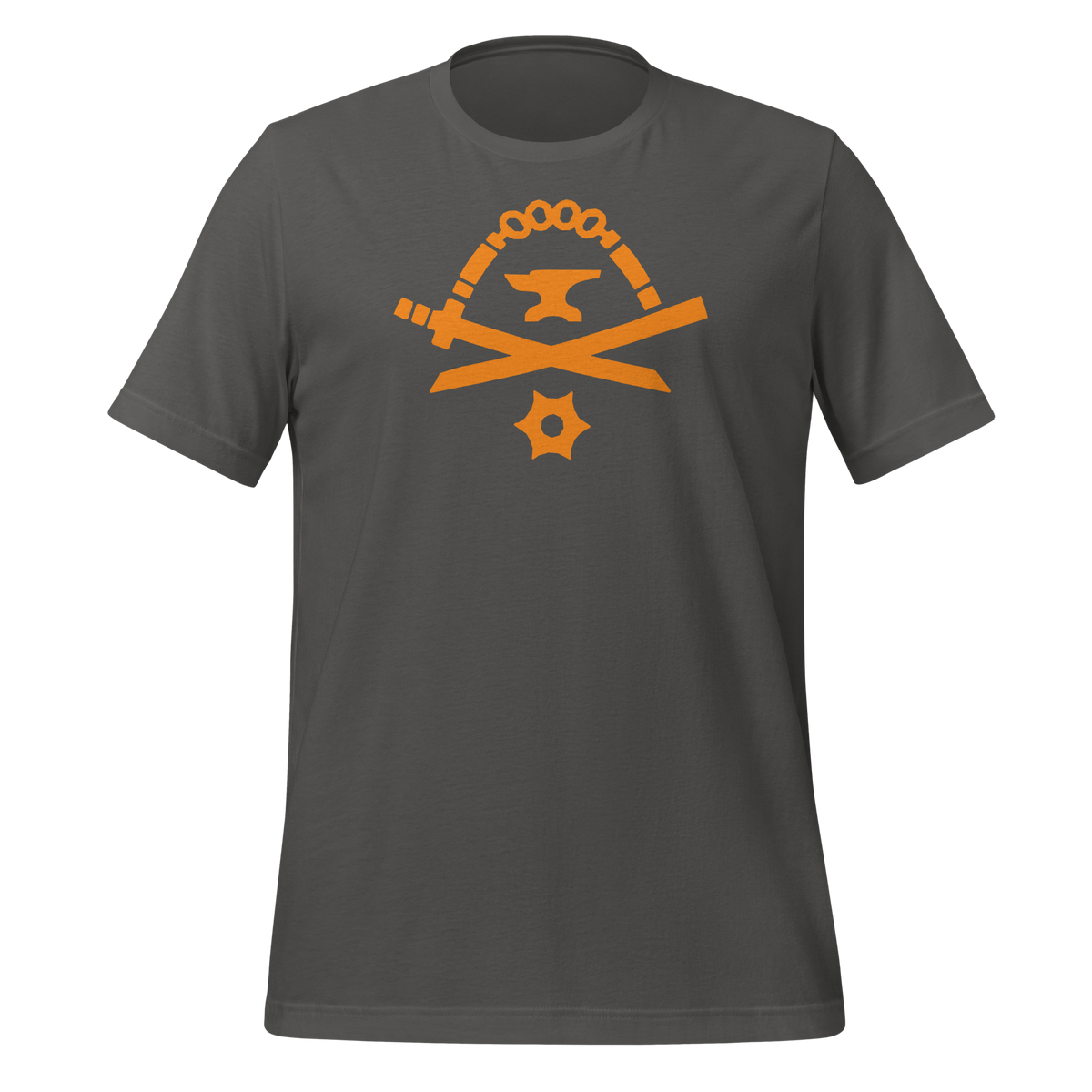 Asphalt-colored 100% airlume cotton t-shirt featuring classic fan-made orange golden weapons ninja blacksmith shop logo design. Item is a BRKDrip AFOL essentials shirt with a modern elemental brick master aesthetic.