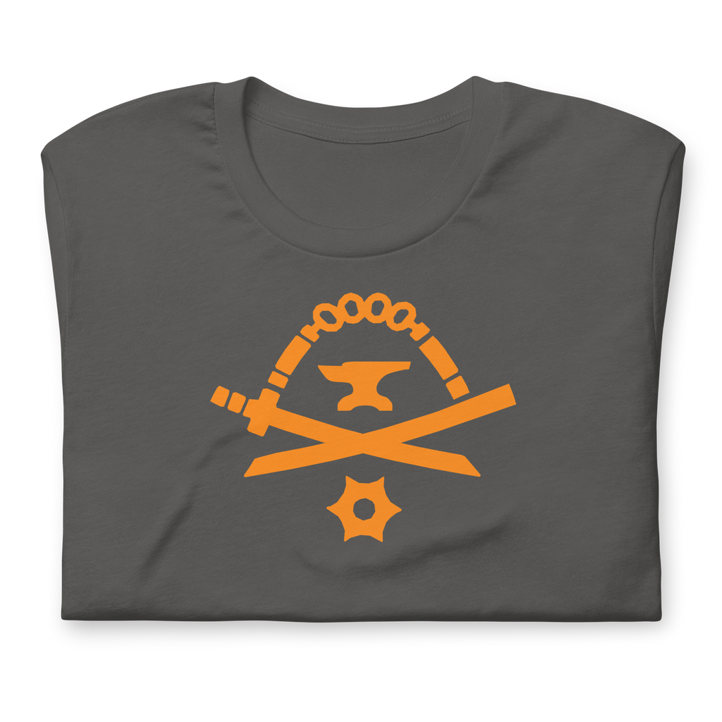 Folded asphalt-colored 100% airlume cotton t-shirt featuring classic fan-made orange golden weapons ninja blacksmith shop logo design. Item is a BRKDrip AFOL essentials shirt with a modern elemental brick master aesthetic.