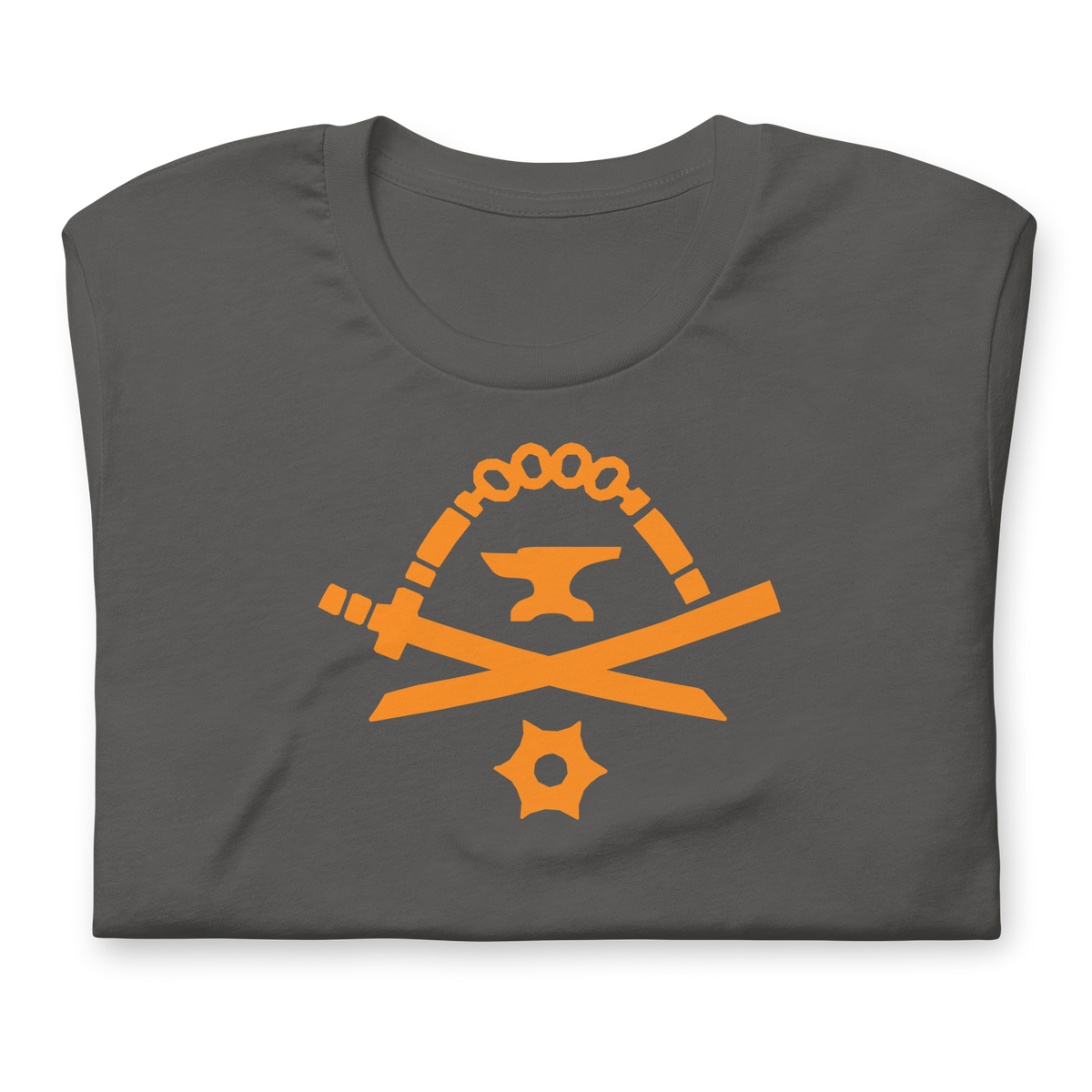 Folded asphalt-colored 100% airlume cotton t-shirt featuring classic fan-made orange golden weapons ninja blacksmith shop logo design. Item is a BRKDrip AFOL essentials shirt with a modern elemental brick master aesthetic.