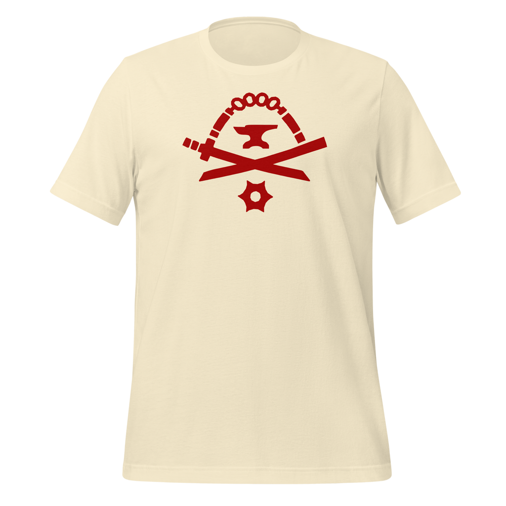 Natural-colored 100% airlume cotton t-shirt featuring classic fan-made red golden weapons ninja blacksmith shop logo design. Item is a BRKDrip AFOL essentials shirt with a modern elemental brick master aesthetic.