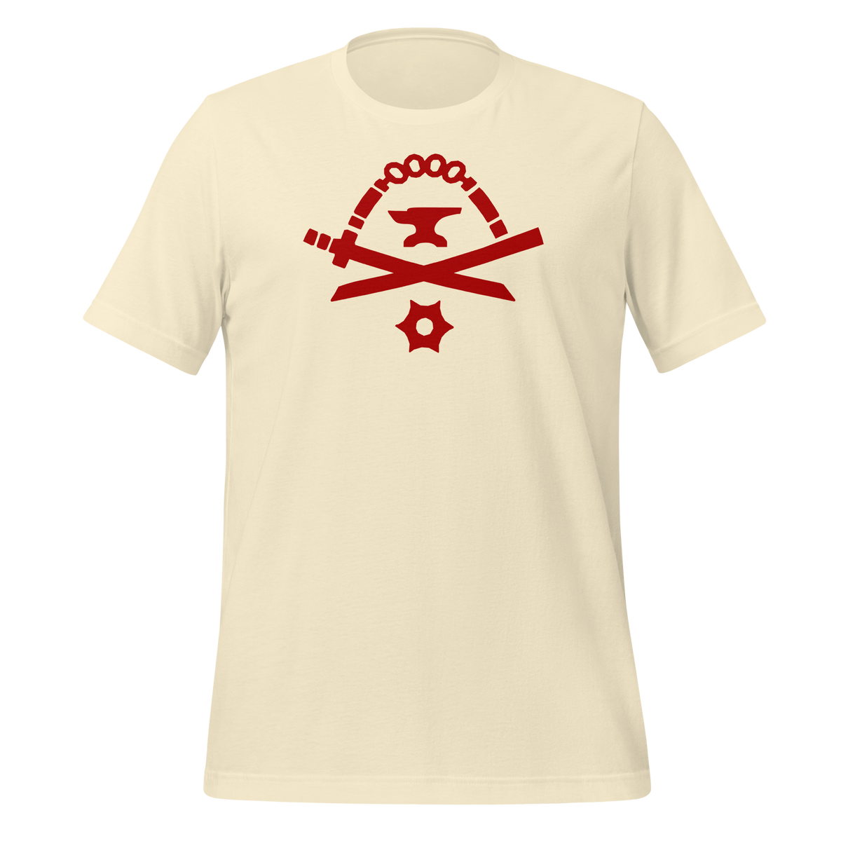 Natural-colored 100% airlume cotton t-shirt featuring classic fan-made red golden weapons ninja blacksmith shop logo design. Item is a BRKDrip AFOL essentials shirt with a modern elemental brick master aesthetic.
