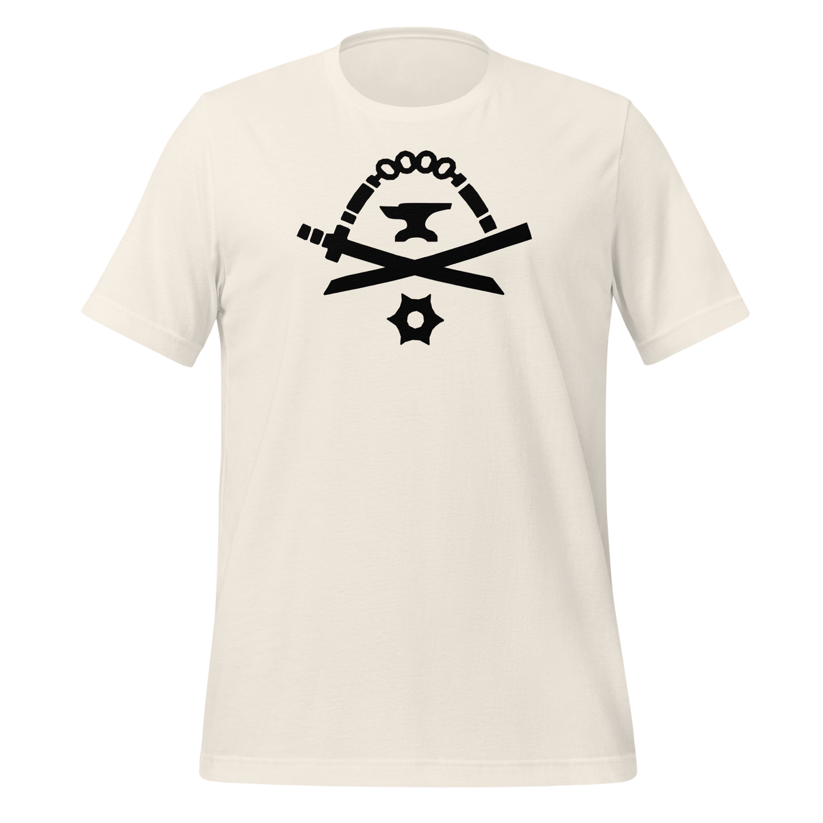 Vintage white 100% airlume cotton t-shirt featuring classic fan-made black golden weapons ninja blacksmith shop logo design. Item is a BRKDrip AFOL essentials shirt with a modern elemental brick master aesthetic.