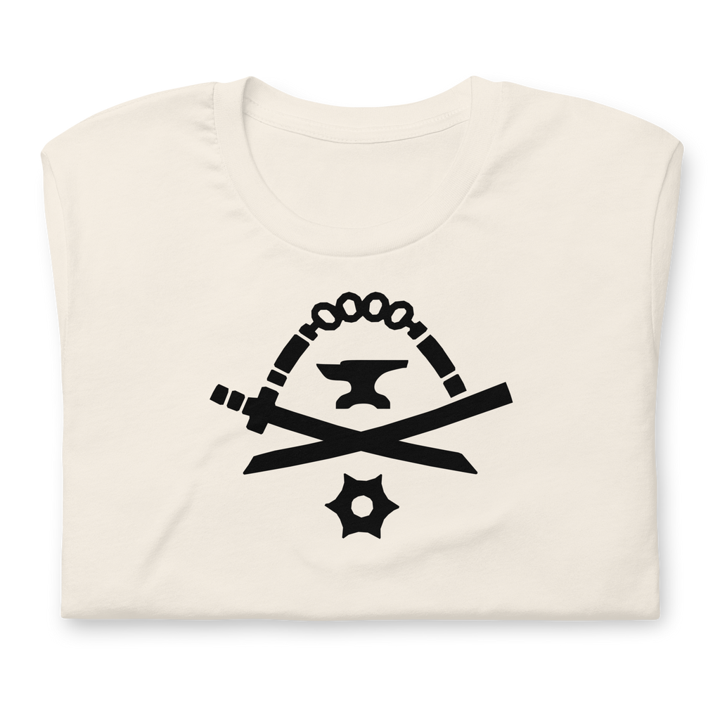 Folded vintage white 100% airlume cotton t-shirt featuring classic fan-made black golden weapons ninja blacksmith shop logo design. Item is a BRKDrip AFOL essentials shirt with a modern elemental brick master aesthetic.