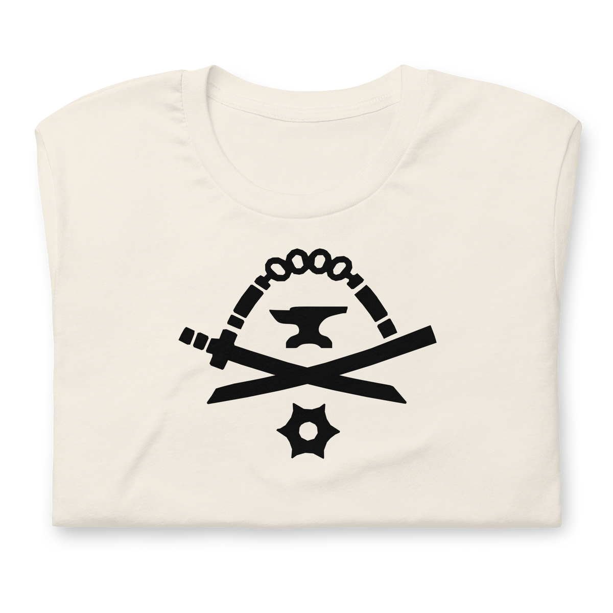 Folded vintage white 100% airlume cotton t-shirt featuring classic fan-made black golden weapons ninja blacksmith shop logo design. Item is a BRKDrip AFOL essentials shirt with a modern elemental brick master aesthetic.