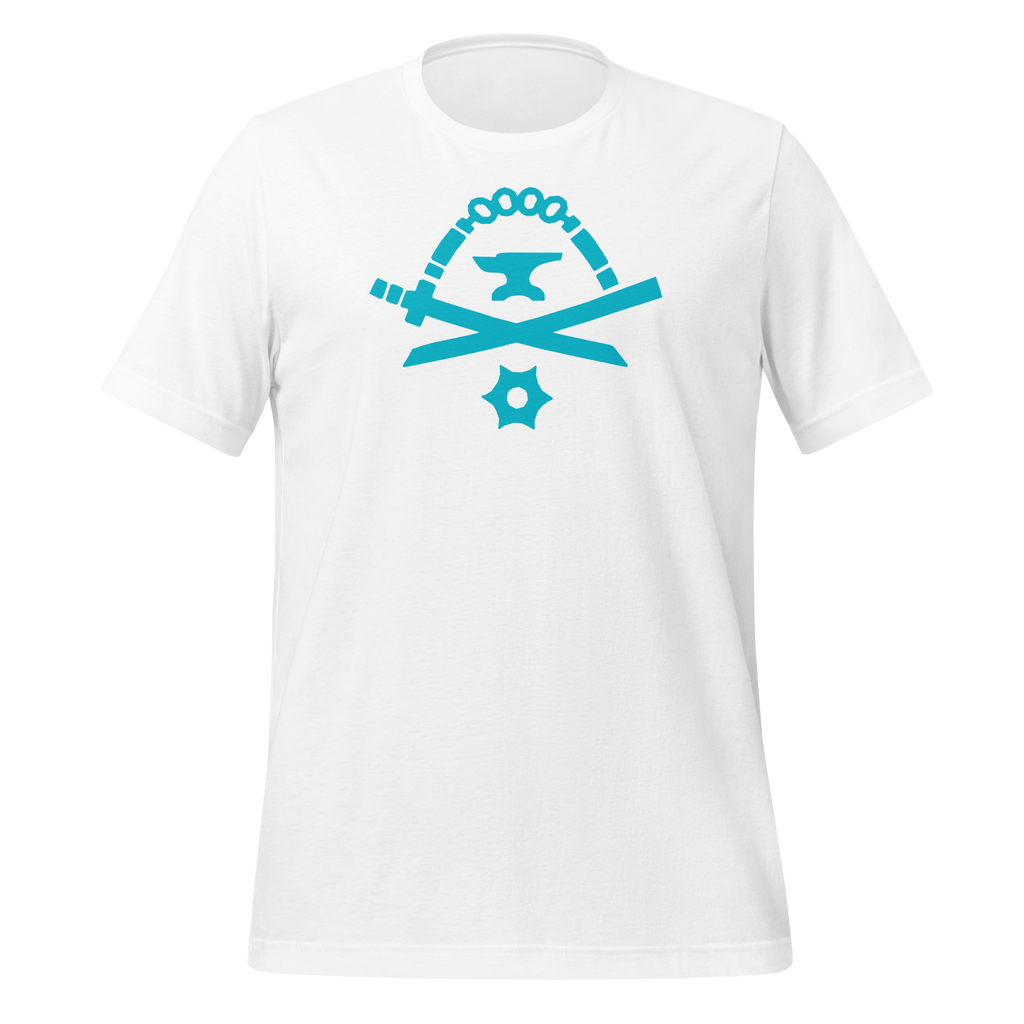 White 100% airlume cotton t-shirt featuring classic fan-made turquoise golden weapons ninja blacksmith shop logo design. Item is a BRKDrip AFOL essentials shirt with a modern elemental brick master aesthetic.