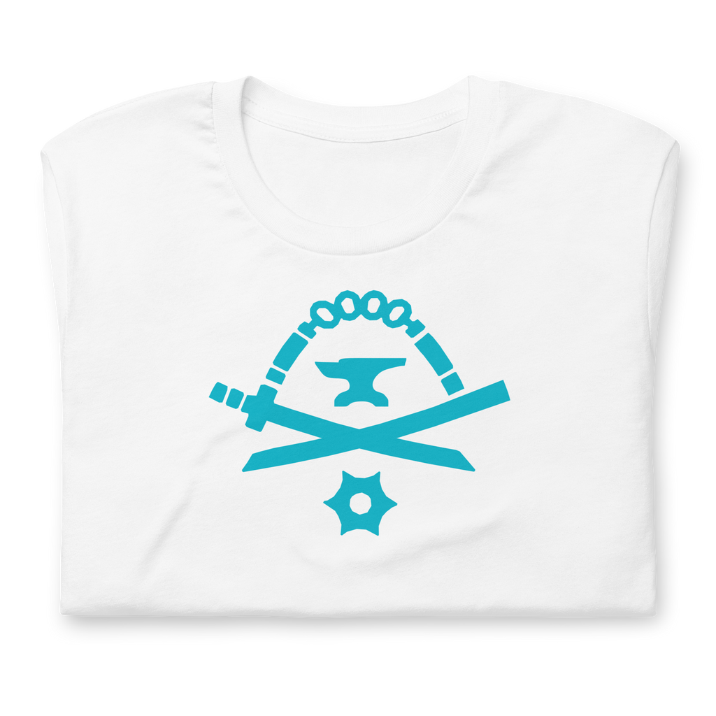 Folded white 100% airlume cotton t-shirt featuring classic fan-made turquoise golden weapons ninja blacksmith shop logo design. Item is a BRKDrip AFOL essentials shirt with a modern elemental brick master aesthetic.