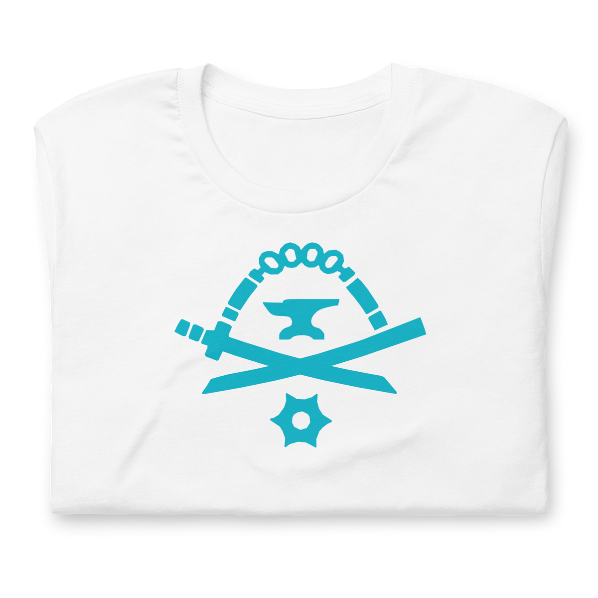 Folded white 100% airlume cotton t-shirt featuring classic fan-made turquoise golden weapons ninja blacksmith shop logo design. Item is a BRKDrip AFOL essentials shirt with a modern elemental brick master aesthetic.