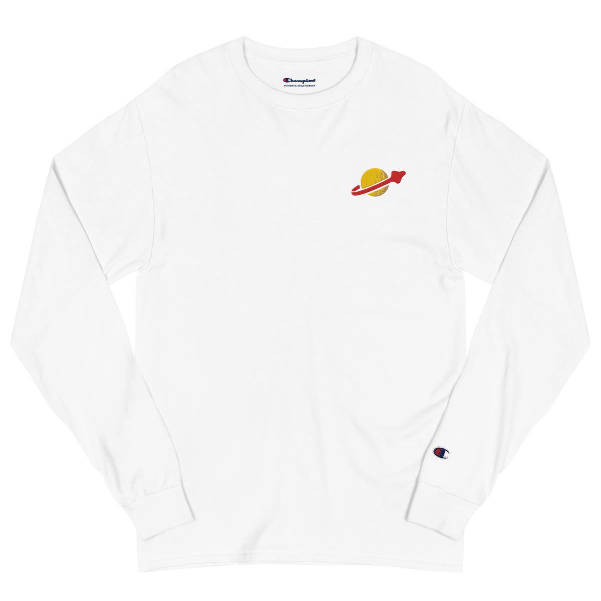 White lightweight, 100% cotton luxury Champion© shirt featuring OG yellow planet with spaceship classic space emblem embroidered in the top right corner. Item is a BRKDrip Builder's Collection luxury longsleeve shirt with a vintage space building block aesthetic.