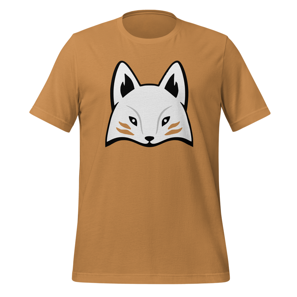 Toast-colored 100% airlume cotton t-shirt featuring modern red kitsune mask design. Item is a BRKDrip AFOL essentials shirt with a modern elemental brick masters aesthetic.