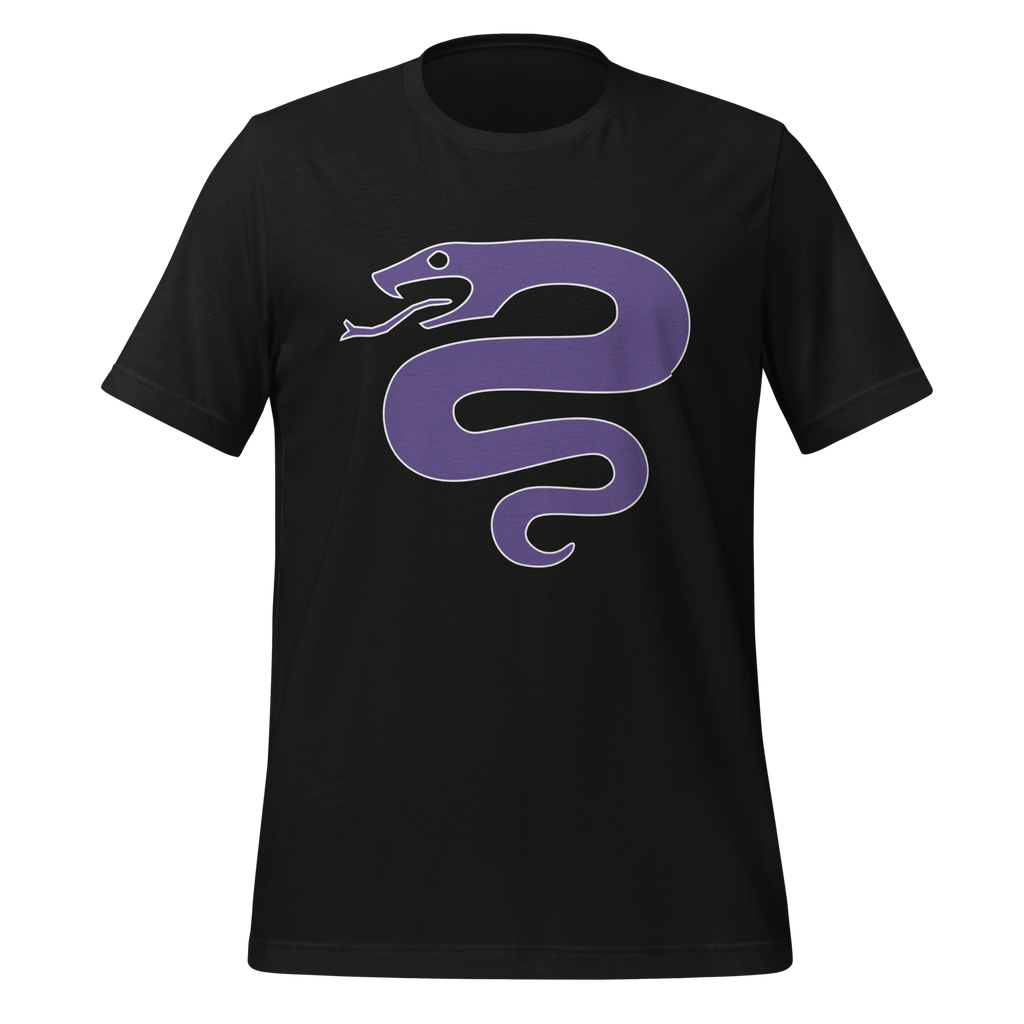 Vintage black 100% airlume cotton t-shirt featuring classic fan-made serpent knights duskmark purple snake design. Item is a BRKDrip AFOL essentials shirt with a vintage castle building blocks aesthetic.