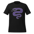 Vintage black 100% airlume cotton t-shirt featuring classic fan-made serpent knights duskmark purple snake design. Item is a BRKDrip AFOL essentials shirt with a vintage castle building blocks aesthetic.