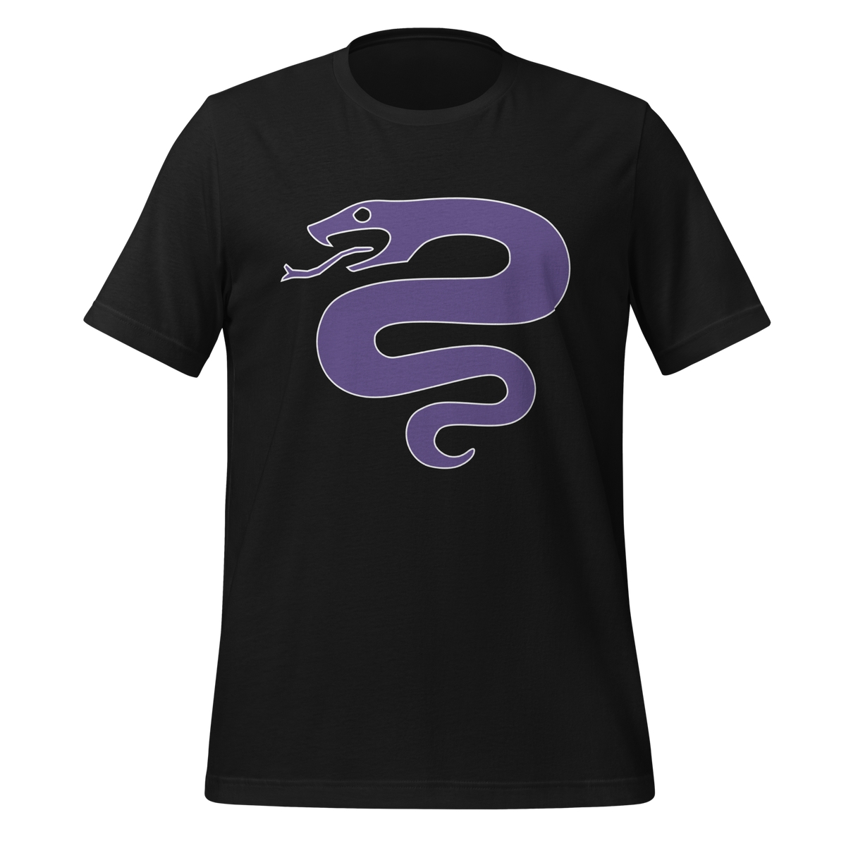 Vintage black 100% airlume cotton t-shirt featuring classic fan-made serpent knights duskmark purple snake design. Item is a BRKDrip AFOL essentials shirt with a vintage castle building blocks aesthetic.
