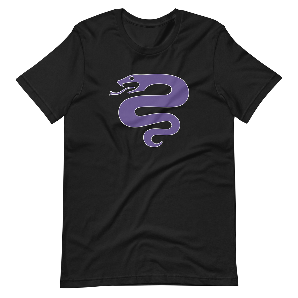 Wrinkled vintage black 100% airlume cotton t-shirt featuring classic fan-made serpent knights duskmark purple snake design. Item is a BRKDrip AFOL essentials shirt with a vintage castle building blocks aesthetic.