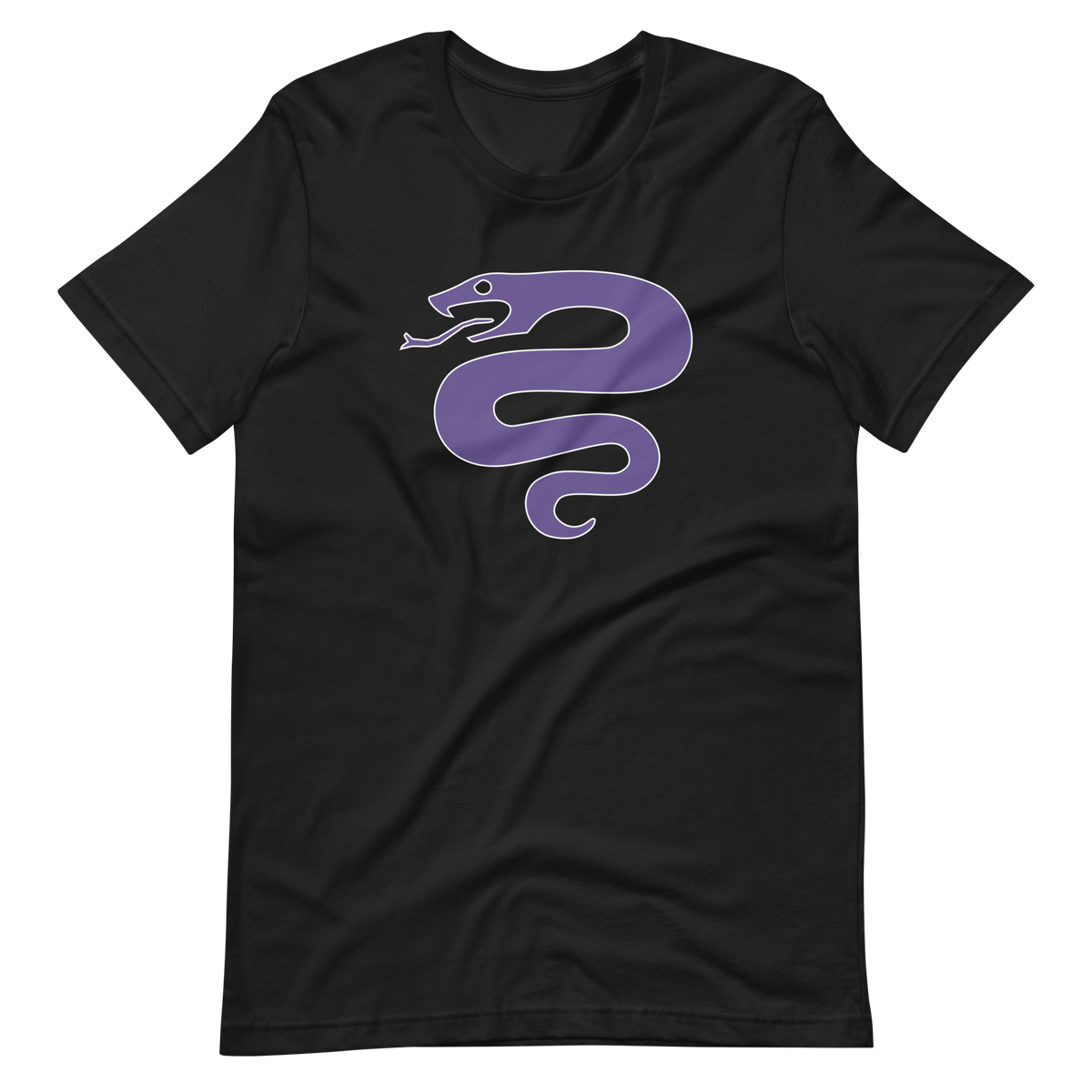 Wrinkled vintage black 100% airlume cotton t-shirt featuring classic fan-made serpent knights duskmark purple snake design. Item is a BRKDrip AFOL essentials shirt with a vintage castle building blocks aesthetic.
