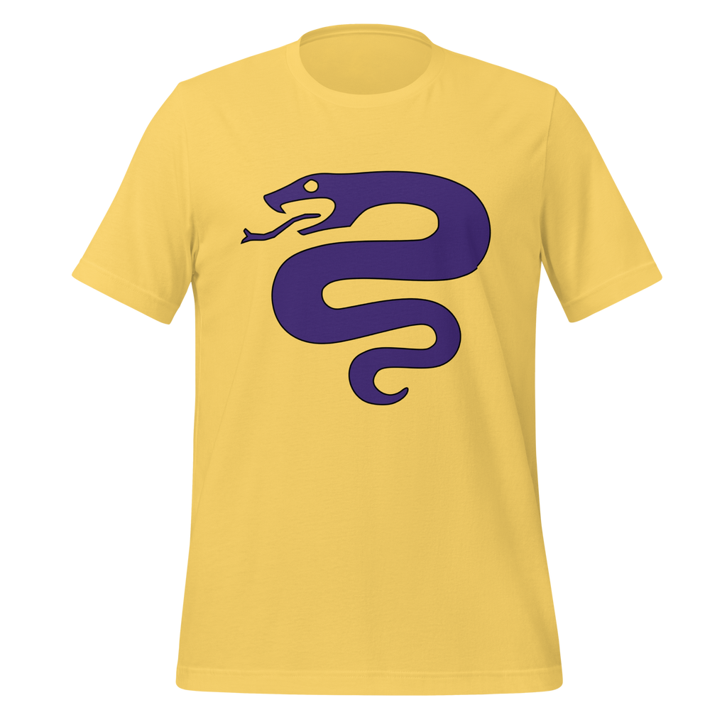 Bright yellow 100% airlume cotton t-shirt featuring classic fan-made serpent knights duskmark purple snake design. Item is a BRKDrip AFOL essentials shirt with a vintage castle building blocks aesthetic.