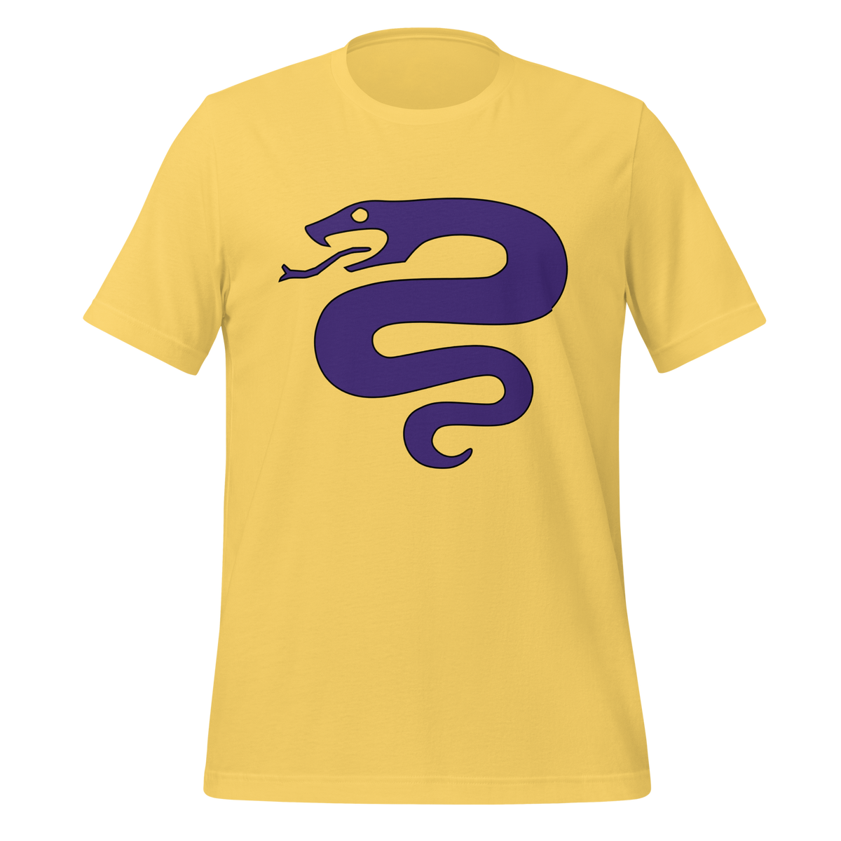 Bright yellow 100% airlume cotton t-shirt featuring classic fan-made serpent knights duskmark purple snake design. Item is a BRKDrip AFOL essentials shirt with a vintage castle building blocks aesthetic.