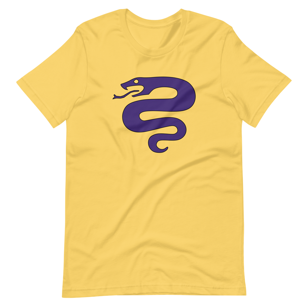 Wrinkled bright yellow 100% airlume cotton t-shirt featuring classic fan-made serpent knights duskmark purple snake design. Item is a BRKDrip AFOL essentials shirt with a vintage castle building blocks aesthetic.
