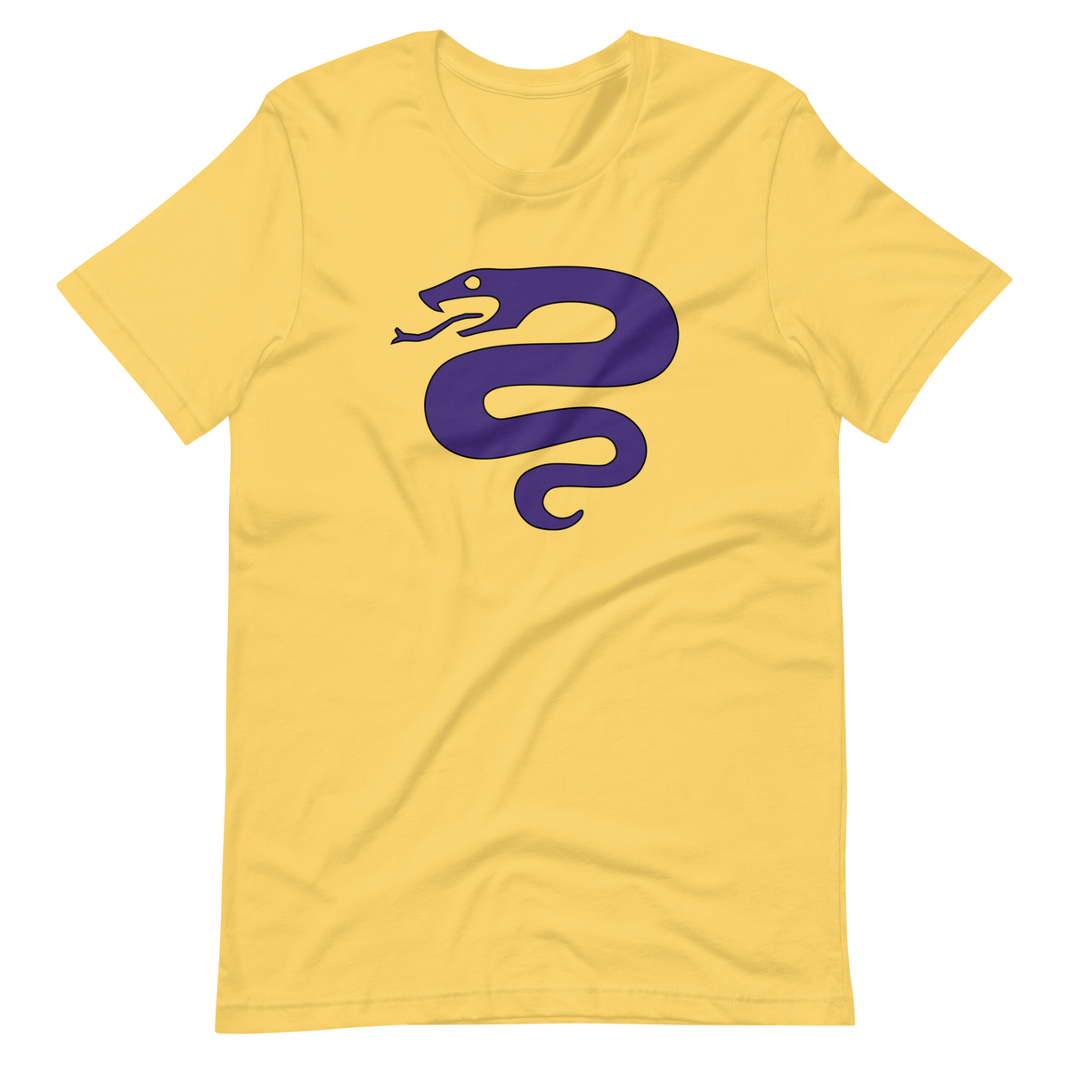 Wrinkled bright yellow 100% airlume cotton t-shirt featuring classic fan-made serpent knights duskmark purple snake design. Item is a BRKDrip AFOL essentials shirt with a vintage castle building blocks aesthetic.