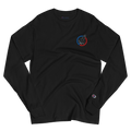 Wrinkled black lightweight, 100% cotton luxury Champion© shirt featuring space shuttle emblem embroidered in the top right corner. Item is a BRKDrip Builder's Collection luxury longsleeve shirt with a classic town building block aesthetic.